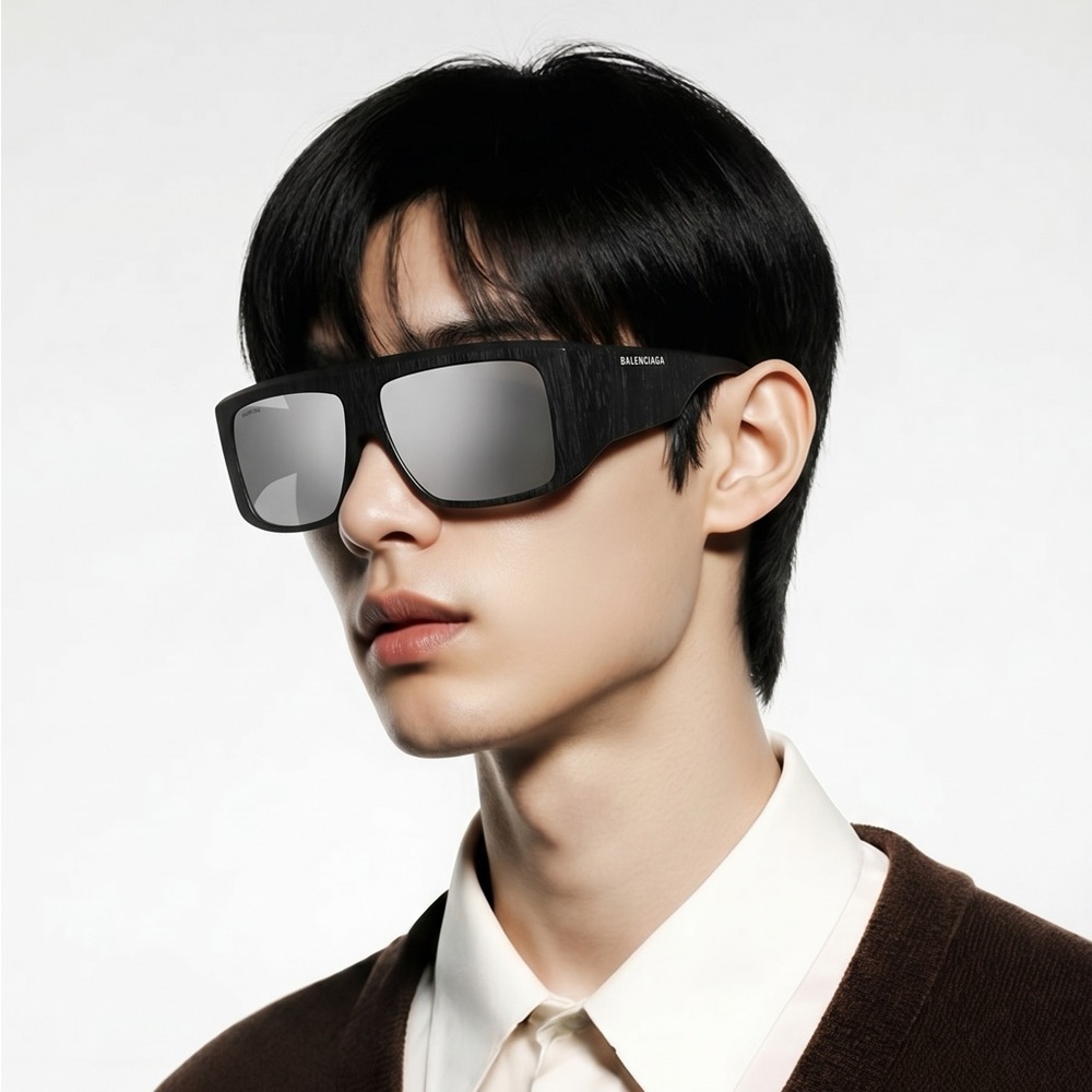 Original Balenciaga Black BB0002S Shield Sunglasses